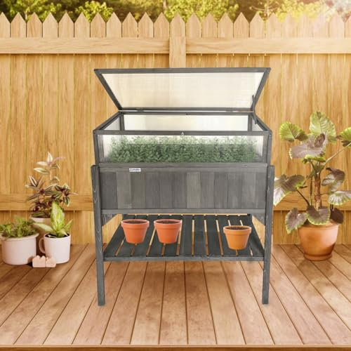 Lendo Online Jardinière surélevée avec Serre - Lit de Jardin Surélevé en Bois - Carré Potager de Jardin - Jardinière de Balcon - 97,5 x 49 x 120 cm - Bois d'épicéa Massif - Marron (Gris)