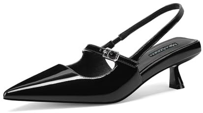 MIRAAZZURRA Donna Kitten Heel Slingbacks Pizzo Punta Decolleté Tacco basso Slip On Scarpe con Cinturino Fibbia per Incontri Feste Lavori, Nero , 37 EU