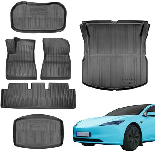 TLECTRIC Allwettermatten Gesamtset für Tesla Model 3 Highland 2024 + 2025 Innenraum Automatten Set, Fußmatten für Vorne & Hinten, Kofferraummatten für Vorne & Hinten & Kabelfach (6 Matten)
