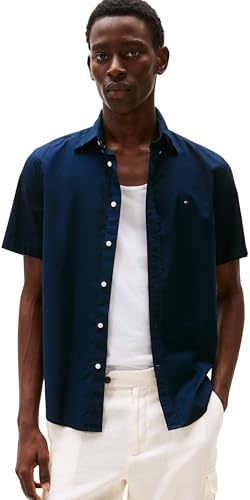Tommy Hilfiger Chemise Homme Flex Poplin Solid Manches Courtes, Bleu (Desert Sky), L