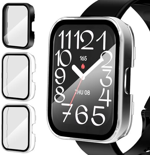 ivoler 3 Stück Hard PC Hülle mit Glas Displayschutz für Amazfit Bip 5 Unity (Nicht für Amazfit Bip 5), Vollständige Abdeckung Schutzhülle Ultradünne Kratzfest Schutz Case, 2 Transparent + 1 Schwarz