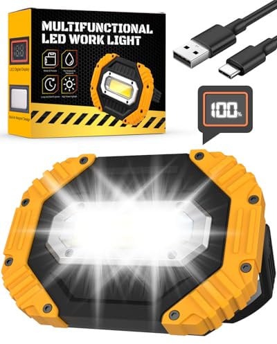 KALAHOL 2025 Upgraded 30W LED Rechargeable Work Light with Digital Display, 2500LM Super Bright Outdoor COB Floodlight with 7 Modes, IP65 Emergency Security Light with USB for Garage Camping Hiking