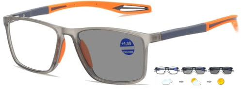 ABETOS Photochromic Reading Glasses Sunglasses Flexible TR90 Sport Readers for Women Men UV400 Protection Blue Light blocking Indoor Outdoor Eyeglasses, Grey&Orange+1.5