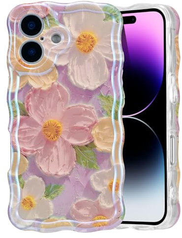 EYZUTAK Case for iPhone 16 Plus, Colorful Retro Oil Painting Printed Flower Laser Glossy Pattern Cute Curly Wave Edge Exquisite Phone Cover Stylish Durable TPU Protective Case for Girl Women-Pink