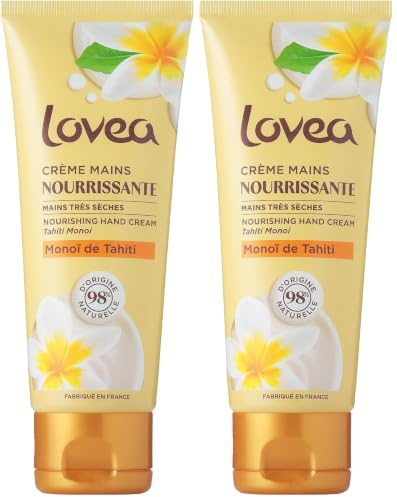 LOVEA - Crème Pour Les Mains - Monoï De Tahiti - Nourrit, Protège & Adoucit - Pour Peaux Très Sèches - 98% D'Origine Naturelle - Sans Silicone - Vegan - Fabriqué En France - 75 ml (Lot de 2)