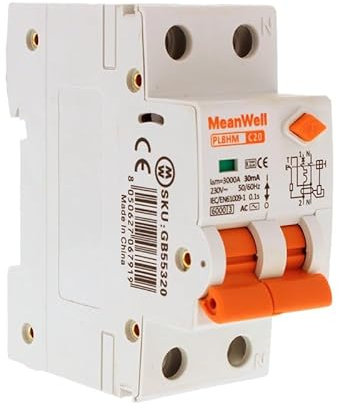 MeanWell Disjoncteur Différentiel 30mA, Type AC Courbe C, 1P+N 6kA 30mA, 2 modules DIN, disjoncteur à courant résiduel avec protection contre les surintensités, RCBO 1P+N C20 20A