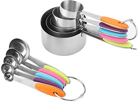Cucchiai dosatori,10 misurino grammi in acciaio inox lucido con graduazioni e Impugnatura antiscivolo color arcobaleno, lavabili in lavastoviglie, per misurare alimenti e liquidi