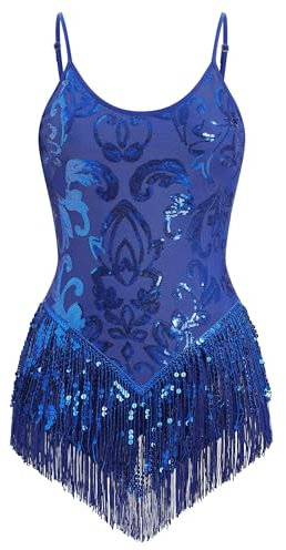 FYMNSI Damen Pailletten Latein Tanz Body Rave Outfit Ballettbody �rmellos Glitzer Gymnastikbody Quaste Bodysuit Damenbody Stringbody Trikot Leotard Overalls Turnanzug Ballettanzug K�nigsblau S