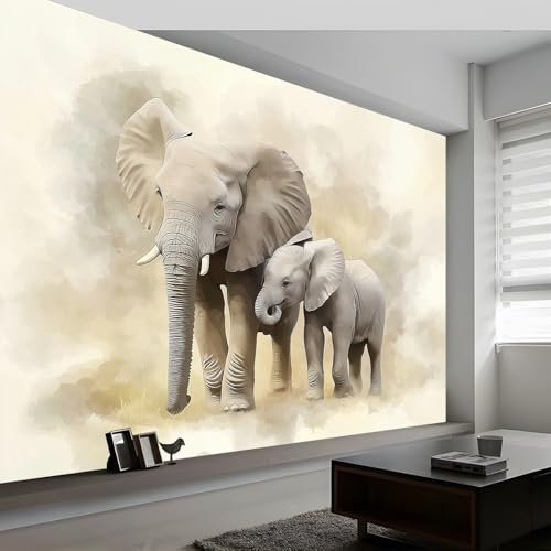 Tapete Fototapete 3d Effekt Aquarell Tier Elefant, Tapeten Wandekoration Wohnzimmer Schlafzimmer Büro Flur Vliestapete Wandtapete Bildtapete Wand Dekoration 400 x 280 cm, Hellgelb