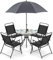 Juego de comedor de jardín de 6 piezas con sombrilla, juego de muebles de exterior con 4 sillas plegables, mesa de vidrio templado y sombrilla, juego de comedor para patio, balcón, patio, piscina,