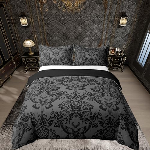 Homemissing Erwachsene Gothic Bettwäsche Set 220x240cm Schwarz Damast Bettwäsche Tod Motte Böhmen Boho Bettbezug Set Gothic Schädel Bettwäsche-Set Vintage Viktorianische Barock Floral Bettwäsche