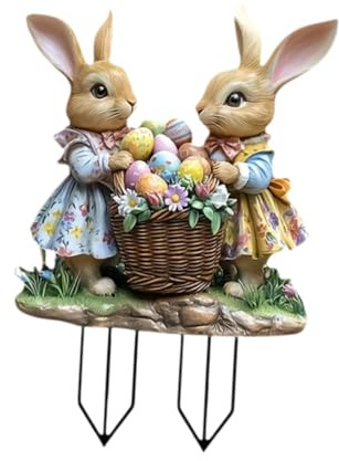 perfk 2D Flache Osterhasen mit Korb-Eier-Szene, Gartenstecker, Blumentopfstecker, Acryl, Einweihungsgeschenk, einfach zu installierendes Gartenschild