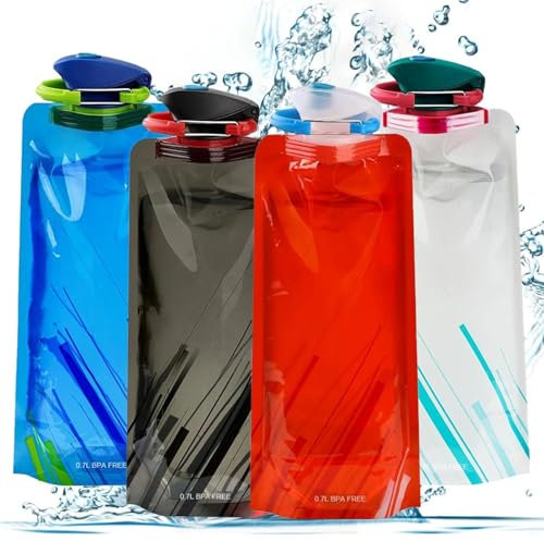 Shengruili Faltbar Trinkflasch,4 Stück Trinkflaschen Faltbar,Wiederverwendbare Trinkflasche Faltbar,Faltbare Wasserflaschen Set mit Schraubverschluss,für Wandern,Abenteuer,Reisen,Unisex Adult(700ML)