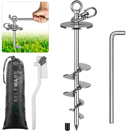 SELEWARE Bodenanker Hund Erdanker Hundeleine - 43CM Erdschrauben für Hunde Bis zu 100KG Kein Verheddern Hof Strand Rasen Outdoor bis große Anlegepflock für Hof und Camping Hundeläufer Beach
