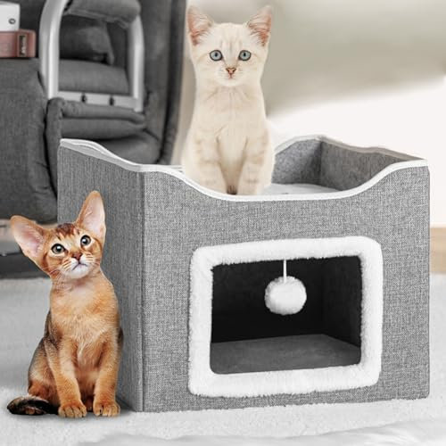 BAKAJI Cuccia per Gatti Pieghevole con Ingresso Rettangolare, Casetta Tiragraffi per Animali Domestici in Poliestere Imbottito, Cuccetta Letto Grigio 2 Ripiani con Base Antiscivolo e Ampia Apertura
