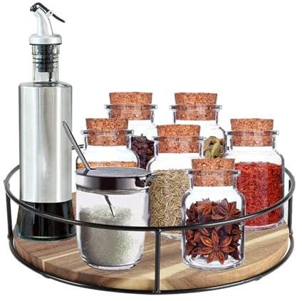 ZoeQide Lazy Susan Turntable in Legno, Vassoio Girevole Cucina 25cm in Acacia con Bordo in Metallo, Organizer Rotante per Tavolo, Spezie, Dispensa, Accessori Salvaspazio per Piano Cucina