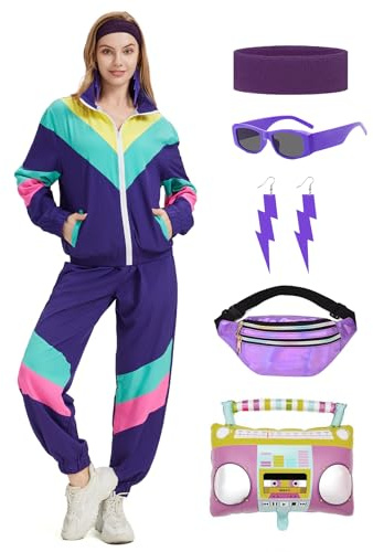 Coseaon 80er 90er Jahre Outfit Damen Trainingsanzug Jacke Hose Anzug 80er Retro Kleidung Accessoire 80s Kostüm Halloween Karneval Party (Dunkellila, L)