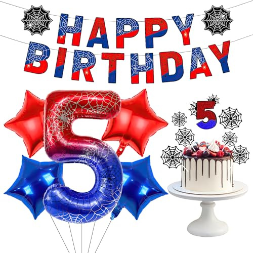 Spinnen-Geburtstagsparty-Dekorationen, Spinnennetz-Happy Birthday-Banner, Zahlen-Folienballons, Cupcake-Topper für Kinder, Jungen, Mädchen, Spinnen-Themenparty-Dekoration, Zubehör (5. Geburtstag)