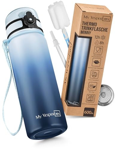 My Vesperbox - Edelstahl Thermos Trinkflasche auslaufsicher - mit Strohhalm oder Sieb - 400 ml, 600ml - BPA FREI - für Kindergarten, Schule (Blauverlauf 600ml)
