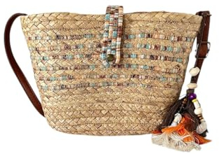 MODELISA - Bolso Bandolera De Hombro Capazo Rafia Paja Tejido Borlas Decorativas Estilo Bohemio Para Mujer