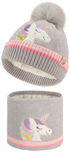 QKURT Ensemble bonnet et cache-cou d'hiver pour enfants, bonnet tricoté chaud pour enfants, cache-cou, doublure douce, bonnet thermique, écharpe, motif licorne, pour filles et garçons de 2 à 5 ans