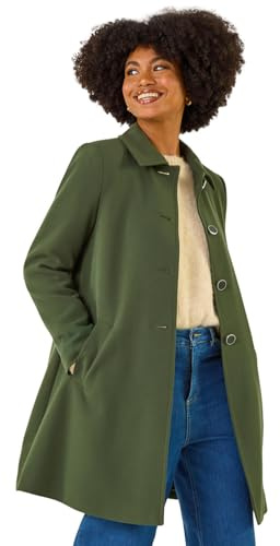 Roman Originals Buttoned Swing Coat for Women UK - Ladies Everyday Holiday Spring Summer Stand Collar Comfy Soft Evening Vacation Work Party - Khaki - Size 16