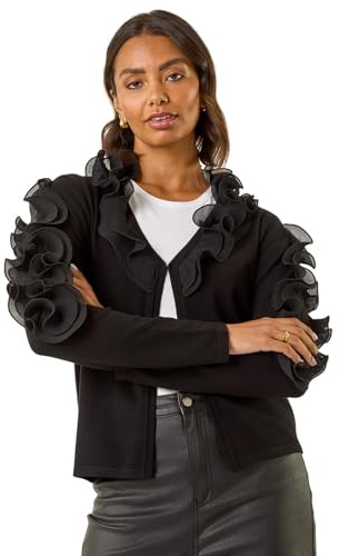 Roman Originals Ruffle Contrast Knit Cardigan for Women UK - Ladies Everyday Autumn Winter Comfy Soft Evening Vacation Work Party Night Out - Black - Size 18