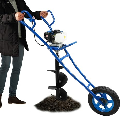 WFIETN Tarière à essence 2 temps avec châssis de transport, fraise à fossette 52 cc avec brouette, tarière avec chariot à main, pour chantiers, industrie de la construction, fermes et jardins (noir