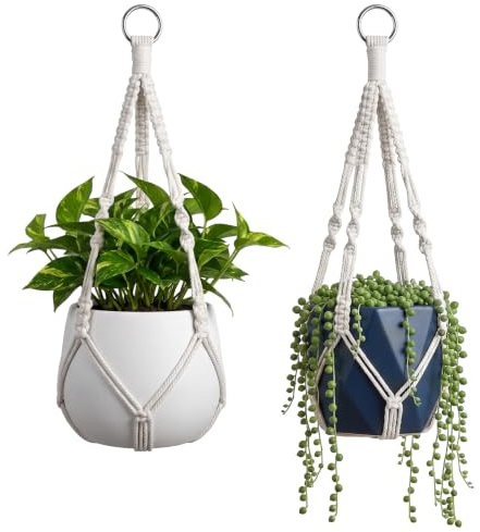 2 Pack Macrame Plant Hanger Indoor Handmade Woven Boho Plant Hanger | Without Pot Hanging Macrame Plant Holder No Tassels for Pots up to 20 cm Diameter for Indoor Outdoor Home Decor White