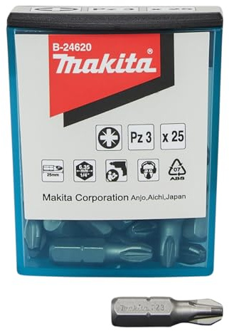 Makita B-24620 Standard Bit PZ3, 25 mm, 25 Stück, in Bit-Spender Box, für Kreuzschlitzschrauben Pozidriv