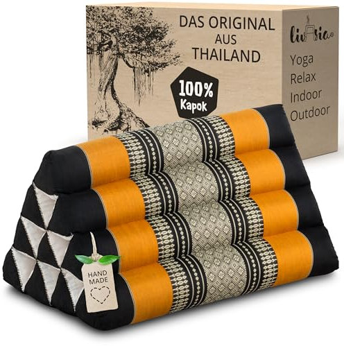 livasia Rückenstützkissen mit Muster - 30x50x30cm - Dreieckskissen für den Garten, Keilkissen mit Kapok, vegan und handgefertigt, Meditationskissen (Schwarz/Orange)