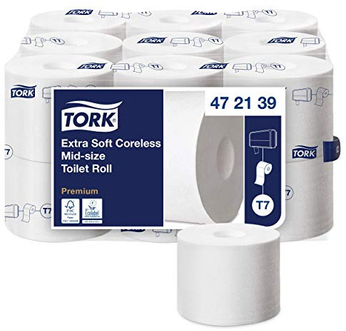 Tork Papier toilette Rouleau Mid-size sans mandrin extra-doux blanc T7, Premium, 3 plis, 18 x 550 feuilles, 472139