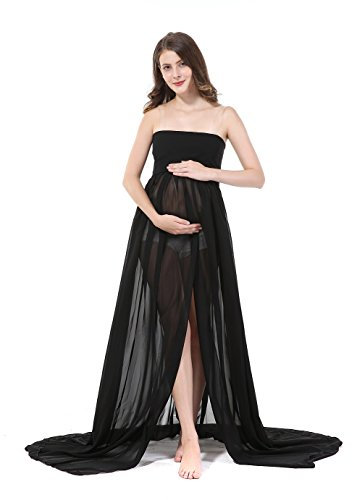 Jupes sexy enceintes, manches longues en mousseline de soie Epaules maternite jupes photo plage grossesse robe, noir, Taille Unique