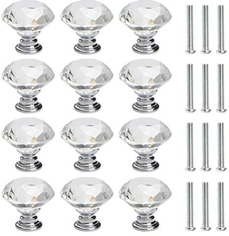 FOCCTS 12 PCS 30mm Crystal Door Knobs Glass Drawer Knobs Decorative Crystal Door Handles Diamond Pulls with Screws for Home Office Chest Cabinet Drawers