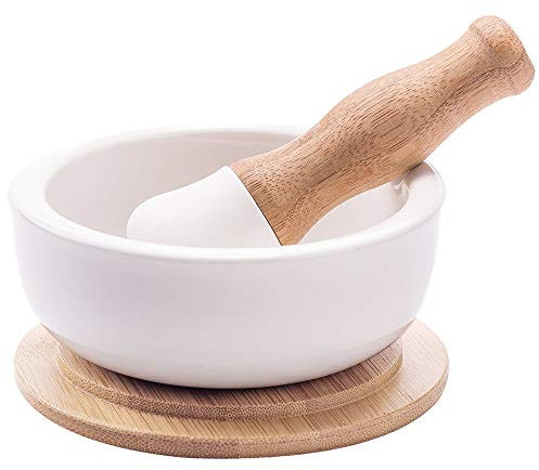 Porzellan Mörser und Stößel Set - Pillenzerkleinerer, Gewürzmühle, Kräuterschale, Pesto-Pulver - Molcajete für Salz - plus Deckel/rutschfester Boden