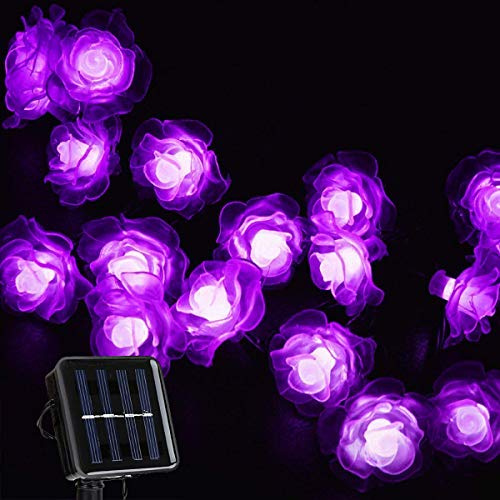 KEEDA Solar Lichterketten, 20 LED Rose Blume Lichterkette Wasserdichte dekorative Beleuchtung für Außen Patio Garten Hochzeit Weihnachten Party (Lila)