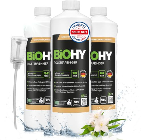 BiOHY Spezial Polsterreiniger (3 x 1 Liter) + Dosierer | Konzentrat für Sofas, Polstermöbel, Teppiche & Textilien | für Nasssauger & Waschsauger | Fleckentferner | effektiver Textilerfrischer