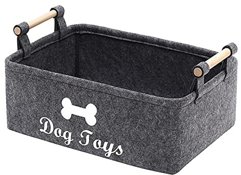 Geyecete - Feltro morbido Contenitore per Giocattoli per Cani, con Manico in Legno, Rettangolare Cestino portaoggetti per Giocattoli e Abbigliamento e Accessori Cani-38 x 25 x 15 cm-Grigio