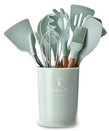 VOANZO Silicone Green Cooking Accessories - 11PCS Set (Including Storage Bucket), Denser, Leaky, Spatula, Leaky Shovel, Soup Spoon, Noodles, Flat Spoon, Spatula, Brush, Eggbeater, Food Clip.