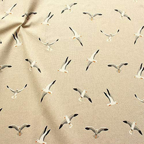 STOFFKONTOR Dekostoff bedruckt Halbpanama Leinen Optik Möwen - Öko-Tex Standard 100 - Meterware, natur - zum Nähen von Tischwäsche, Kissen, Vorhängen, Dekoartikeln uvm.