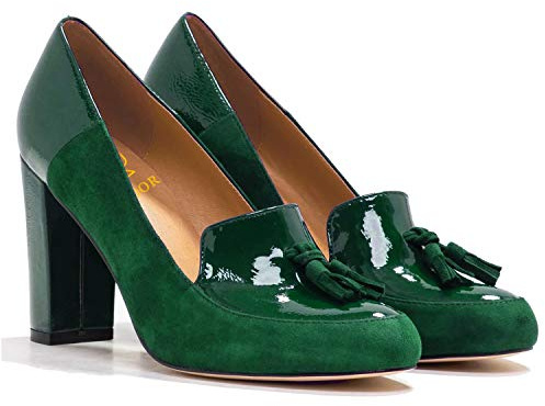LEHOOR Damen-Pumps mit Fransen, breiter Block, runder Zehenbereich, Slip-On-Kleid, Loafer mit Quaste, Wildleder-Lackleder, Patchwork, für Damen, Mädchen, Büro, Größe 4–15