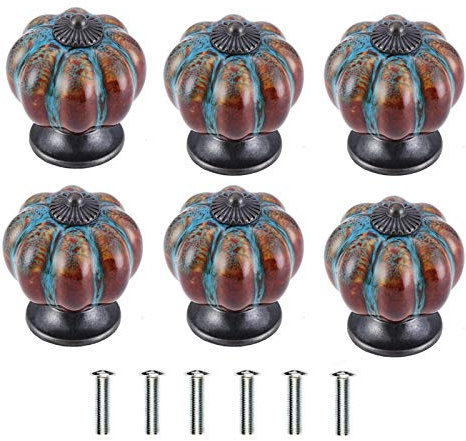 KanDery 6PCS Vintage Drawer Knobs - Chic Leopard and Antique Pumpkin Kitchen Cabinet Knobs, 40mm Round Blue Ceramic Handles