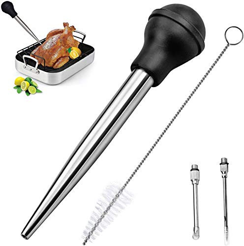 Winfred Poires à Sauce en Acier Inoxydable 304 et Caoutchouc, Poire à Jus Pipette Cuisine Aiguille d'Injection avec Brosse de Nettoyage pour Cuisson BBQ