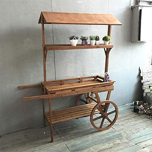 ChengBeautiful Blumenstand Rustikale Pflanze Stand 3-Tier-Holzwagen Flower Stand mit Tafel Dekoration Rand Kleine Kreative (Farbe : Wood, Size : 174X134X52cm)