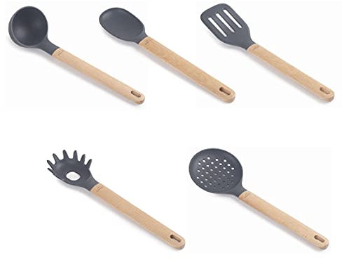 LACOR - 68190 - Set de 5 utensilios de cocina UNITE fabricados en silicona y madera de haya, Gris y madera, Libres de BPA (69190)