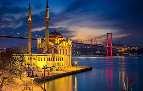 LHJOYSP Game Puzzle 1000 Teile Stadtbrücke beleuchtet Meerengenmoschee Istanbul Türkei Minarett 75x50cm