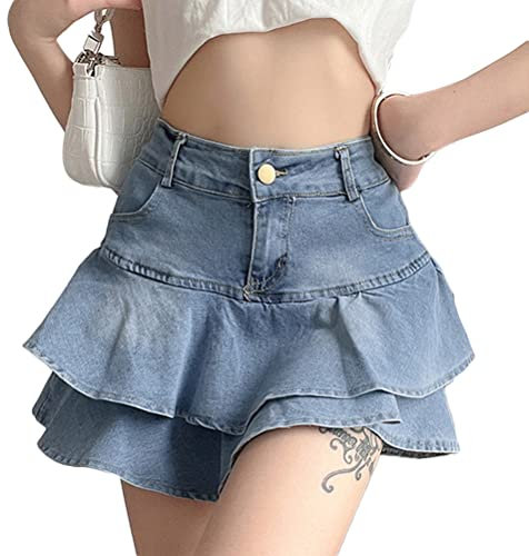 Onsoyours Frauen Plissee Cargo Gothic Punk Rock Sommer Denim Röcke Hohe Taille Harajuku Goth Punk Mädchen Y2K Vintage A-Linie Kurze Jean Miniröcke B Blau S