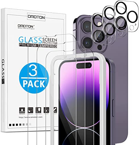 OMOTON für iPhone 14 Pro Max Panzer Schutz Glas mit Rahmen-Installationshilfe, kompatibel mit Kamera Schutzfolie, 3+3 Stück, Anti-Kratzer, Bläschenfrei, 9H Härte, HD-Klar