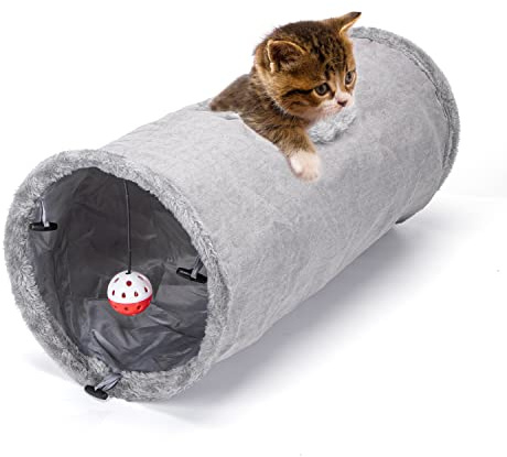 Nobleza Suede Collapsible Cat Tunnel with Suspended Ball and Peek Hole Crinkle Sound for Cats and Rabbits, D25*L60cm, Gray