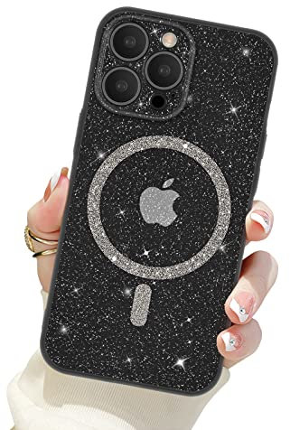 Newseego Glitter Clear iPhone 13 Pro Case for Girls Women [Compatible for MagSafe], Magnetic Phone Case Cute Sparkly Bling Slim Shockproof Camera Protection Bumper Cover for iPhone 13 Pro-Black